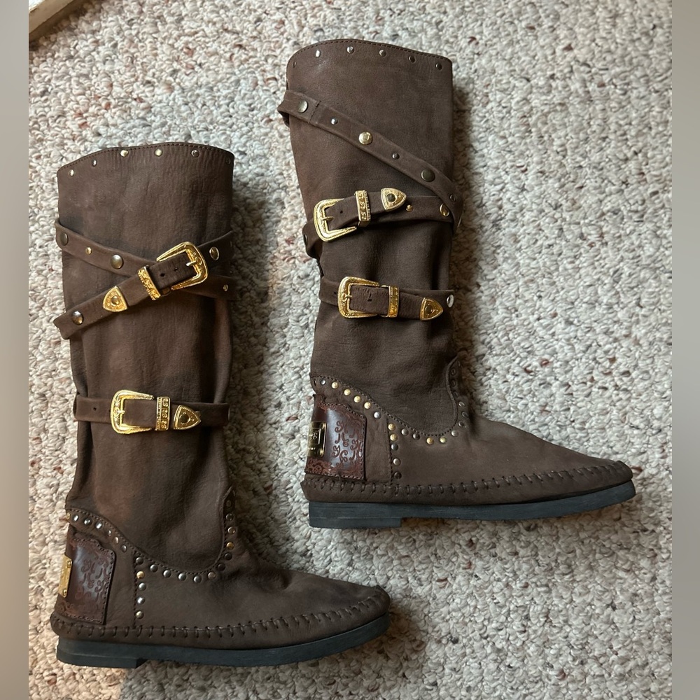 “Karma of Charme” Brown Suede Studded Moccasin Style Boots